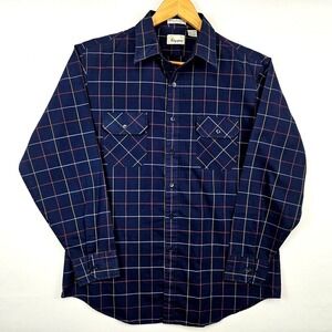 Vintage Kingsport Western Shirt Size L Blue Window Pane Plaid Sleeve Button-Up
